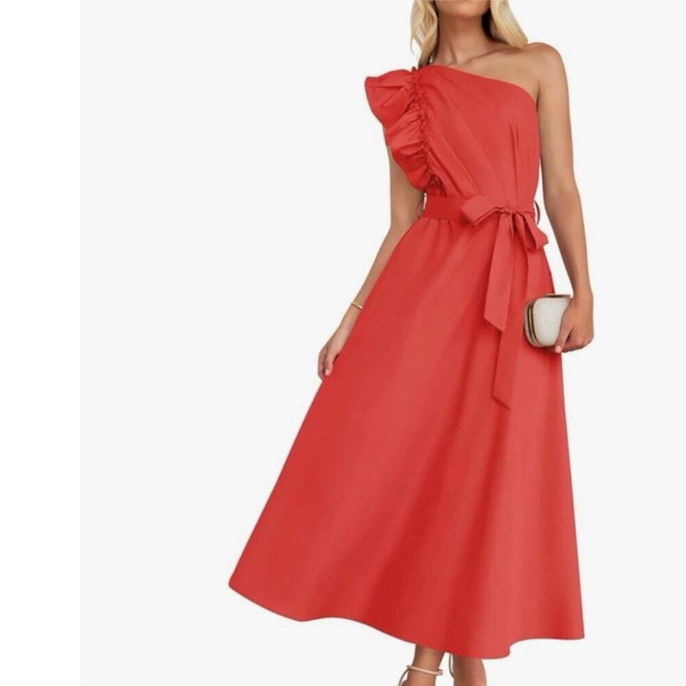 Zesica Red One Shoulder Belted Ruffle Midi Dress‎ Size XL